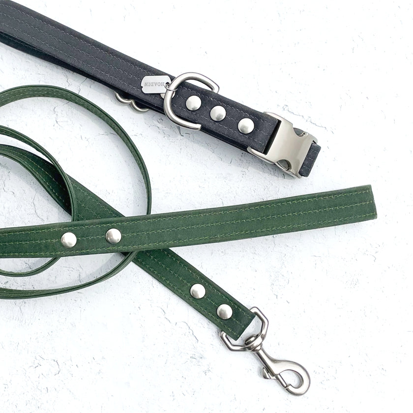 gray and dark green waxed canvas dog collar and leash